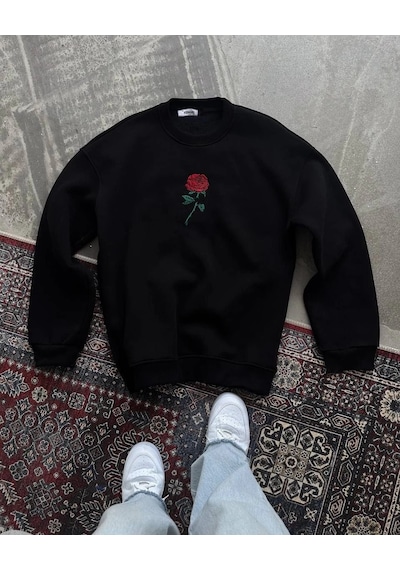 Barlashive Erkek 3 İplik Pamuklu Bisiklet Yaka Ön Ve Arka Baskılı Sweatshirt - Siyah Çok Renkli