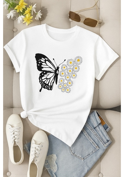 Papatyalı Kelebek Baskılı Unisex Tişört BEYAZ