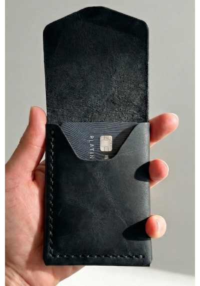 Luvo Hakiki Deri Minimalist Cüzdan 3 Bölmeli 9 Kart Kapasiteli Premium Kompakt Kartlık Cüzdan Siyah