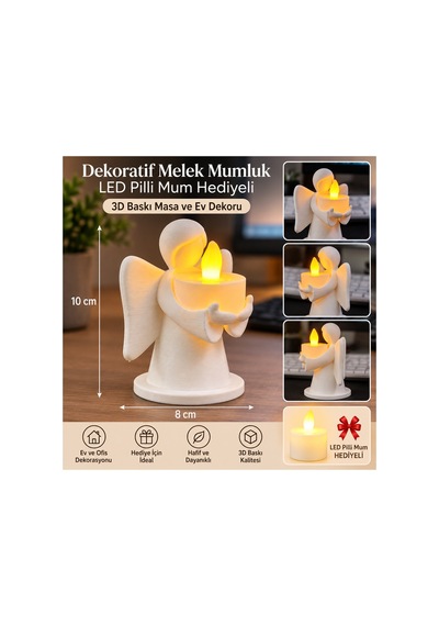 Dekoratif Melek Mumluk Led Pilli Mum Hediyeli 3d Baskı Masa Ve Ev Dekoru 10x8 Cm - Beyaz Açık
