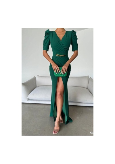 DefyModa Kadın Kruvaze Yaka Yırtmaçlı Maxi Uzun Kollu Abiye Elbise Zümrüt