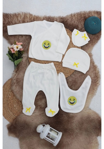 Sema Baby 5 Parça Gülen Surat Hastane Çıkışı Zıbın Seti 0-3 Ay Beyaz