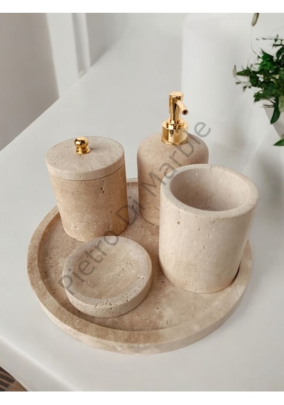 Sarı Traverten Klasik Model 5 Parça Gold Renk Düğme Aksesuarlı Banyo Seti Sarı Traverten