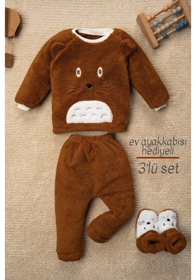 Mai Perla Totoro Nakışlı Welsoft Peluş 3'lü Bebek Takım Kahverengi