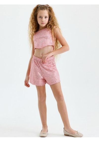 Çikoby Kız Çocuk Pul Payet Şortlu Takım-15676 Pembe