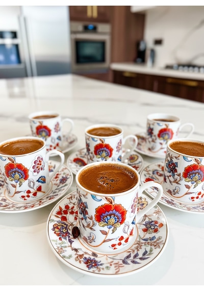 Kapris 6 Kişilik 12 Parça Kahve Fincan Takımı Yx-241105 Beyaz - Kırmızı