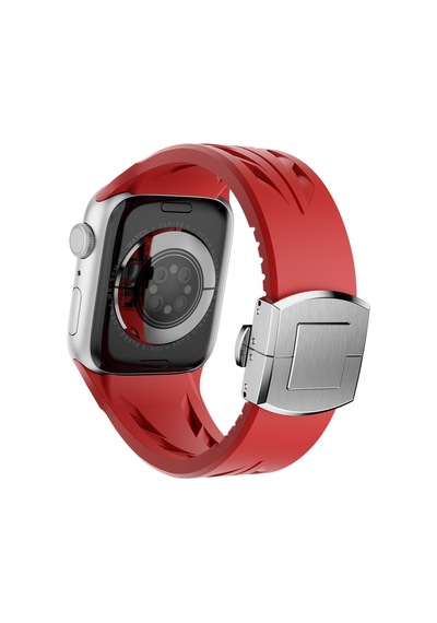 Apple Watch 7 45mm Uyumlu Krd-127 Metal Tokalı Silikon Kordon Kırmızı
