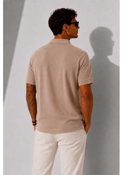 Ribana Erkek Kısa Kollu Fitilli Yarım Düğme Kapama Polo Yaka T-shirt 26001 A.kahve