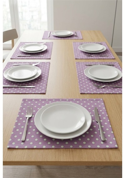 Mor Puantiyeli Amerikan Servis 6 Kişilik Dikdörtgen Kumaş Tabak Altlığı Seti 35x45 Cm