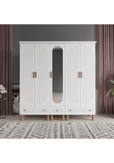 Beenal Furkan 5 Kapaklı Gardırop, Çekmeceli Dolap 200cm Beyaz-Beyaz Beenal Furkan 5 Kapaklı Gardırop, Çekmeceli Dolap 200cm Beyaz-Beyaz