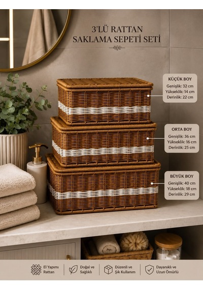 3'lü Kapaklı Hasır Rattan Organizer Beyaz Çizgili Sepet Fth-905 Sarı