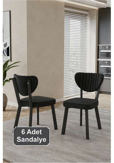 6 Adet Elma Sandalye Baby Face Kumaş Metal Iskelet Mutfak Yemek Masası Sandalyesi Siyah