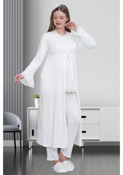 Mecit Pijama Mecit 1517 Bayan Hamile Lohusa Ekru Sabahlıklı Pijama Takımı