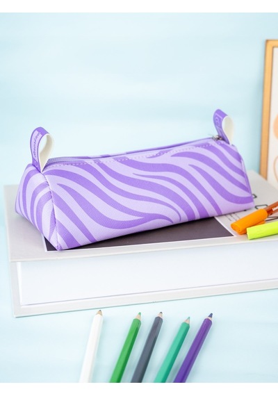 Kalem Kutusu Pastel Lila Zebra Üçgen Tasarım Vegan Deri Kalemlik Ve Makyaj Çantası