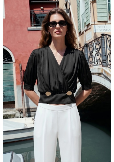 Sateen Kısa Kollu Saten Bluz - Siyah-137441