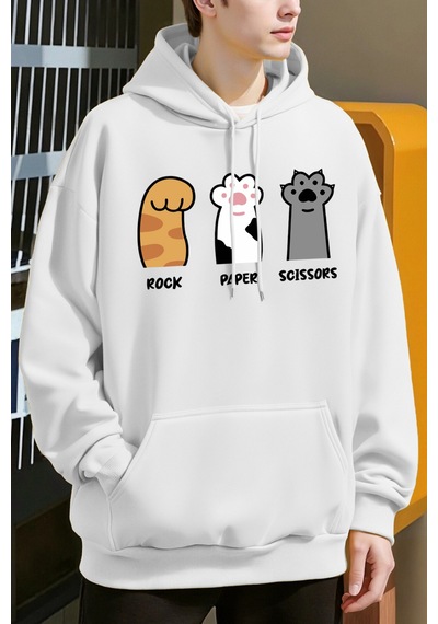 Startmore Startmoretaş Kağıt Makas Kedi Pençeleri Tasarım Erkekler Hoody Cep Rahat Kapüşonlular Moda Sonbahar Ka Beyaz