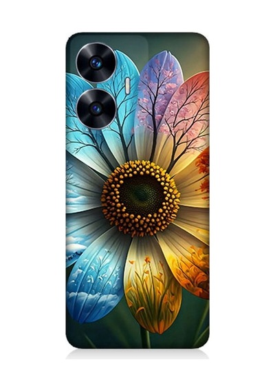 Realme C55 Uyumlu Yaprakta Gökkuşağı Çiçek Desenli Silikon Kılıf Çok Renkli