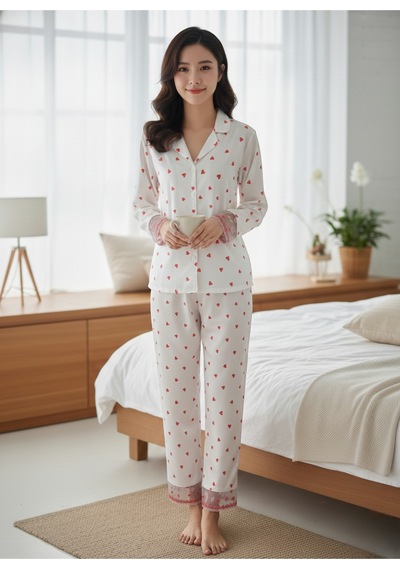 Kalp Desenli Saten Uzun Pijama Takımı Düğmeli Üst, Rahat Kesim Beyaz