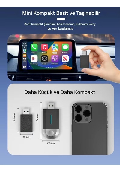 Kablosuz Carplay Ve Android Auto Adaptörü, 2'si 1 Arada, Usb Ve Type-c Bağlantı, Tak Çalıştır Mini Dongle 48mm