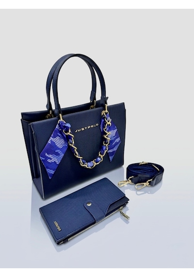Just Polo Kadın Gold Zincirli Şal Detaylı Şık El & Omuz Çantası Ve Cüzdanı Kombin Shopper Ebat: 20 X 25 Cm Lacivert