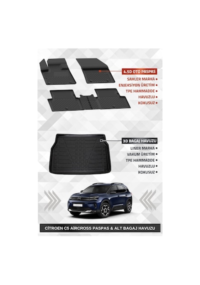 Sahler C5 Aircross 2019+ Uyumlu 4.5d Premium Havuzlu Oto Paspas Ve Liner Marka 3d Alt Bagaj Havuzu