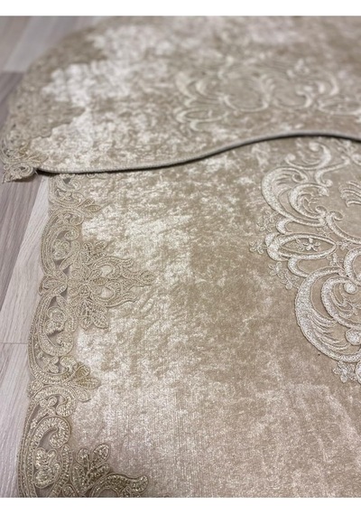 Milas Kaymaz Taban, Kadife Dantel Detaylı 2'li Süper Lüks Oval Banyo Paspası Seti, Kahverengi, 60x100 Cm Altın - Beyaz - Siyah