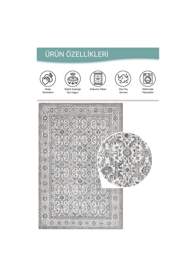 Artloop Stonart Eskitme Vintage Desenli Bej/gri Otantik Yıkanabilir Şönil Halı Al 443 Bej-gri