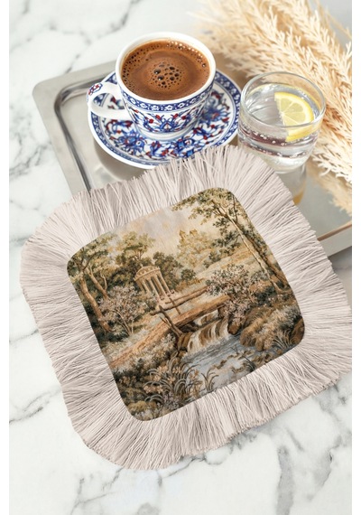Klasik Şık Saçaklı Kahve Yanı Servis Peçetesi-nostaljik Bahçe Manzaralı Vintage Bej Sunum Mendili Mat Grili Lime