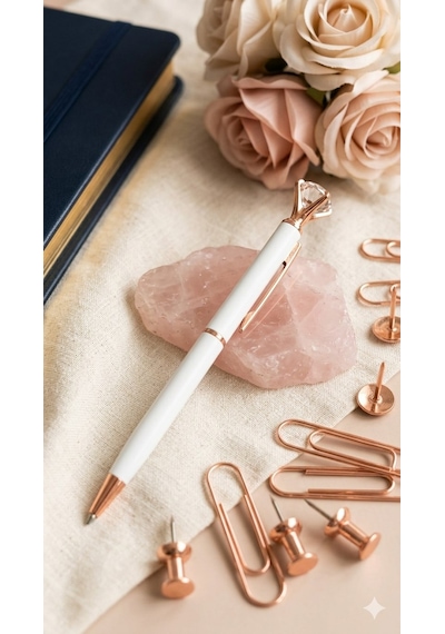 Rose Gold Detaylı Kristal Taşlı Beyaz Tükenmez Kalem Mavi