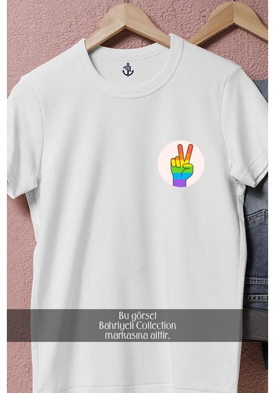 Oversize Lgbt Hand Cep Tasarımlı Unisex T-shirt Beyaz