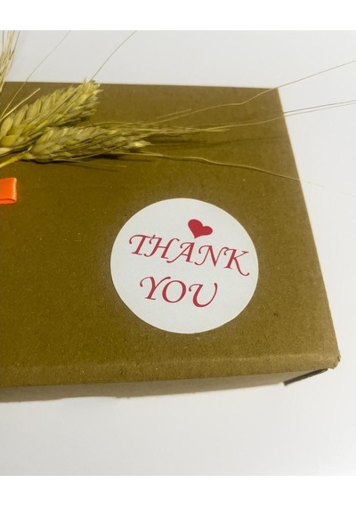 Thank You Kırmızı Yazılı Üstü Kalpli Yuvarlak Yapışkanlı Etiket 5x5 Cm 100 Adet