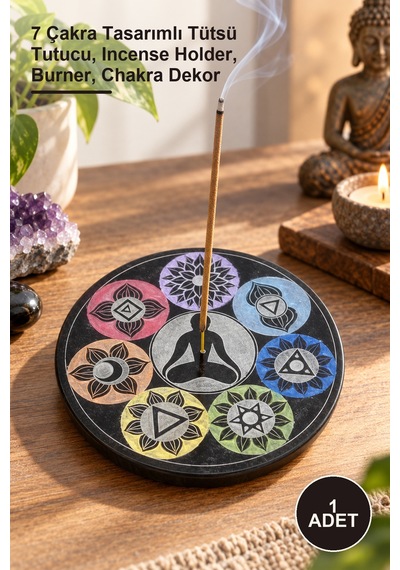 1 Adet Obsidian Taşı Tütsülük 7 Çakra Tasarımlı Tütsü Tutucu, Incense Holder, Burner, Chakra Dekor
