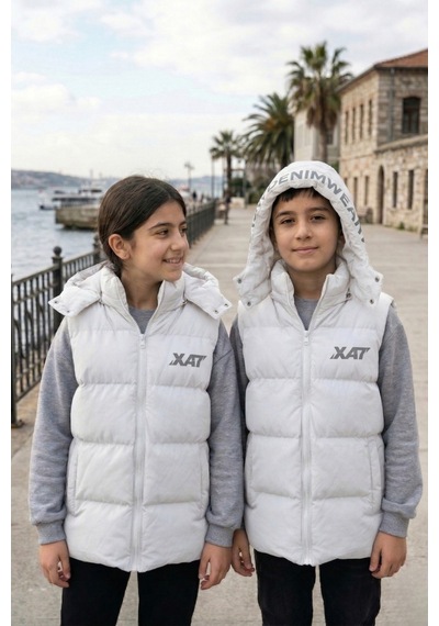 Pina Kids Unisex Çıtçıt Kapüşonlu Baskılı Şişme Yelek Beyaz
