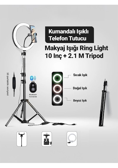 3 Renk Led Ring Light 26cm 10inç Bluetooth Kumandalı 2.1m Ayarlanır Tripot Tiktok Make Up Çekim Işık