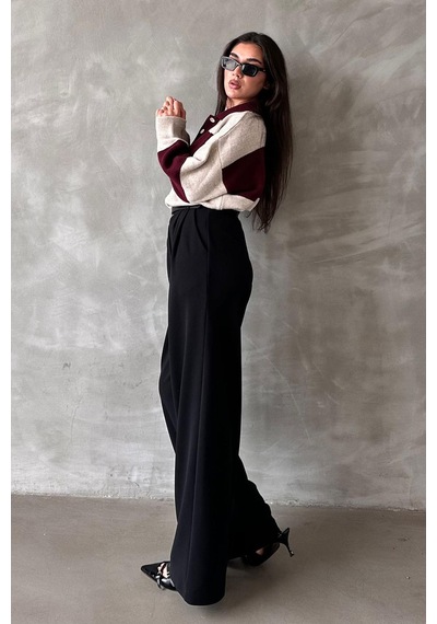 Madmext Siyah Çift Pileli Kemerli Pantolon Mg2330 Siyah