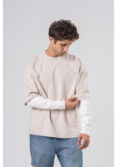 Coalcity Coal City Erkek Ekru Oversize Çift Renkli Uzun Kollu T-shirt Bej - Beyaz