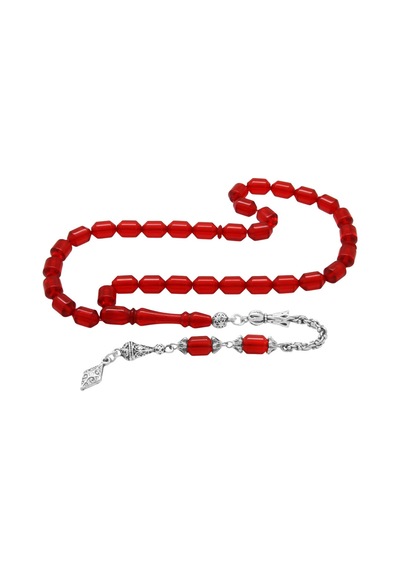 Tesbihname Ateş Kehribar Tesbih - Metal Arnavut Zincir Püsküllü - Elmas Kesim - Kırmızı Renk