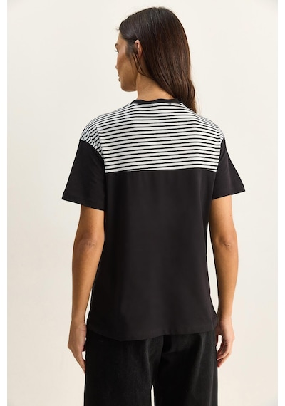 Shade Kadın Çizgili Şal Detaylı Relaxed Basic T-shirt 7679 60286112 - Siyah