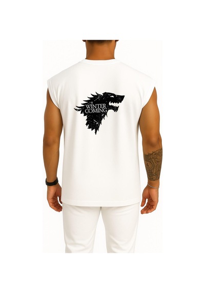 Bahriyeli Collection Oversize Winter İs Coming Game Of Thrones Cep Ve Sırt Tasarımlı Atlet Beyaz