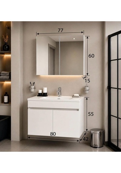 Modern 80 Cm Beyaz Mdf Hilton Aynalı Seramik Lavabolu Banyo Dolabı Takımı Alt Ve Üst Dolaplı Modern 80 Cm Beyaz Mdf Hilton Aynalı Seramik Lavabolu Banyo Dolabı Takımı Alt Ve Üst Dolaplı