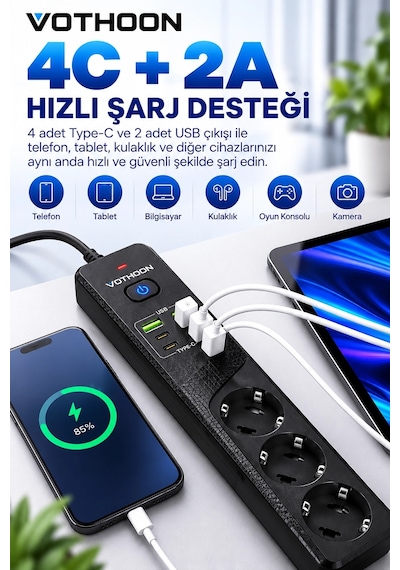 4 Lü Akım Korumalı Çoklu Priz 4 Type-c 2 Usb Girişli 4.2a Hızlı Şarj Destekli Priz 3000w 1