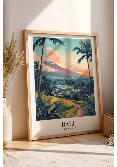 Bali Indonesia Vintage Seyahat Posteri Çerçeveli Tablo - Premium Tropikal Manzaralı Duvar Dekoru Kayın
