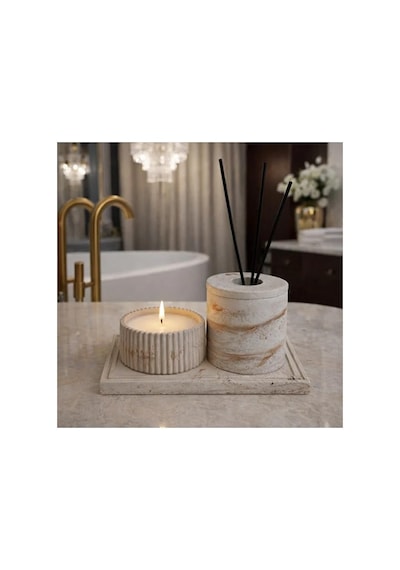 Beton Banyo Seti, Mum, Difüzör Oda Kokusu Kabı Ve Dekoratif Tepsi, Banyo Dekoru, 4 Parça Set, Koku Çubuk Hariç Diğer