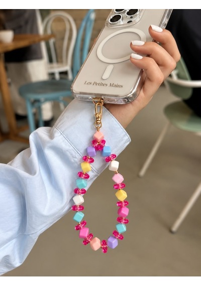 Lpm Pastel Renkli Küp Boncuklu Fuşya Pembe Detaylı Telefon Bilek Askısı Gold Klipsli Telefon Süsü Ve Charm Aksesuarı
