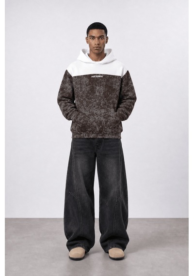 Respire Erkek Not Básico Baskılı Yıkamalı Oversize Hoodie Kahve