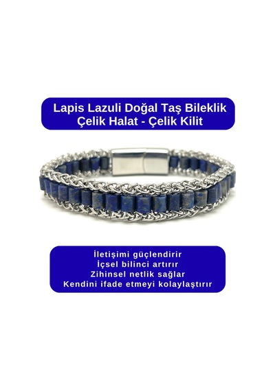 Sertifikalı Lapis Lazuli Doğal Taş Bileklik Çelik Halat Çelik Kilit Çok Renkli