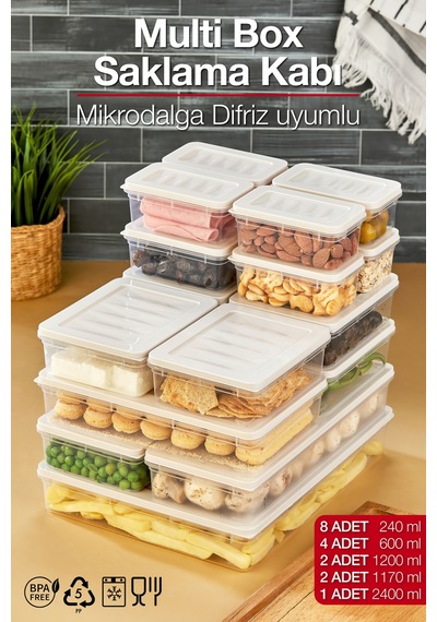 Multi Box 17 Parça 5 Farklı Boy Saklama Kabı Seti - Dondurucu & Mikrodalga Uyumlu Krem