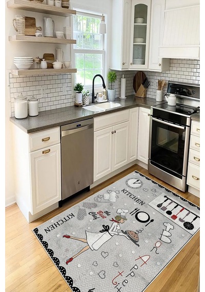 Mutfak Temalı Kitchen Yazılı Baskılı Kaymaz Yıkanabilir Mutfak Halısı Yolluk gri