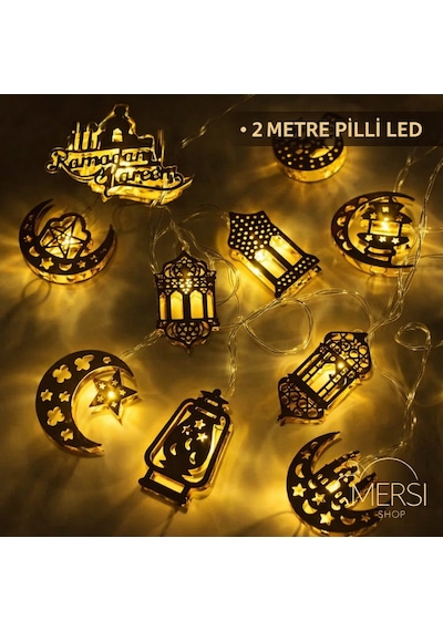Ramazan Temalı Karışık Figürlü 2 Metre Pilli Gold Metal Dekoratif Led Işık Açık Sarı