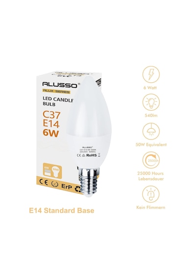 Alusso C37 E14 6w Led Mum Ampul - 50w Muadili İnce Duy Buji Led Ampul